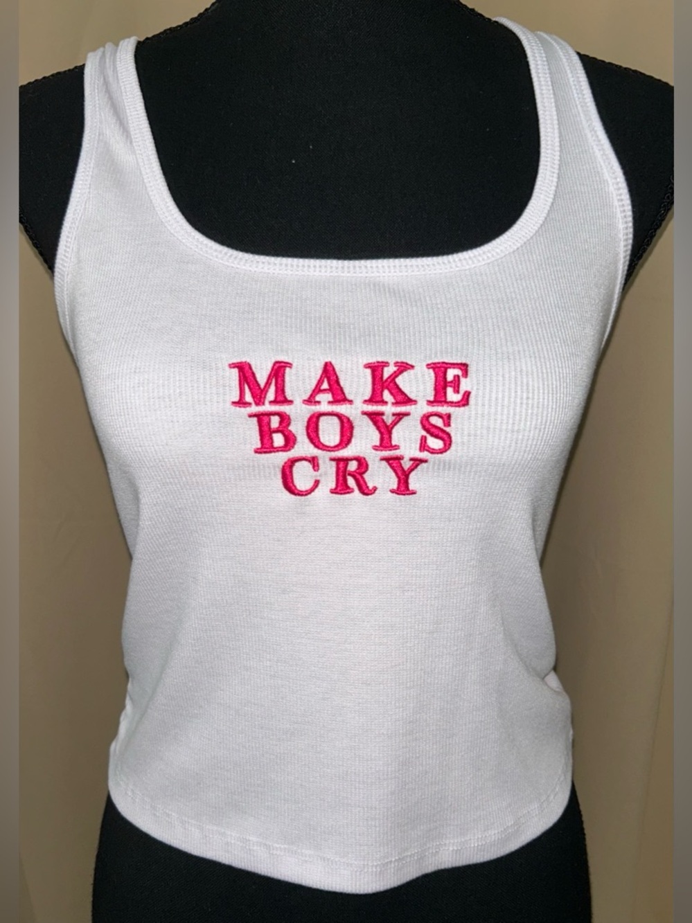 Vine and Valley “Make Boys Cry” tank. Size medium. White with pink letters